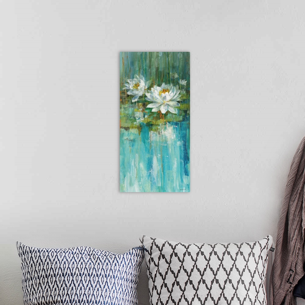 A bohemian room featuring Vertical contemporary abstract painting of white lilies on green lily pads in a blue pond.