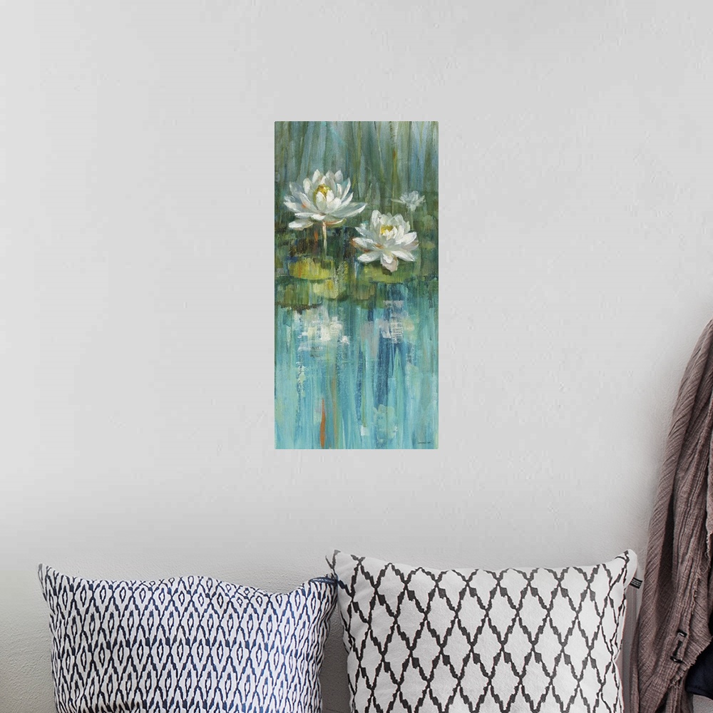 A bohemian room featuring Vertical contemporary abstract painting of white lilies on green lily pads in a blue pond.