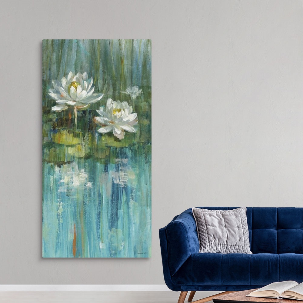 A modern room featuring Vertical contemporary abstract painting of white lilies on green lily pads in a blue pond.