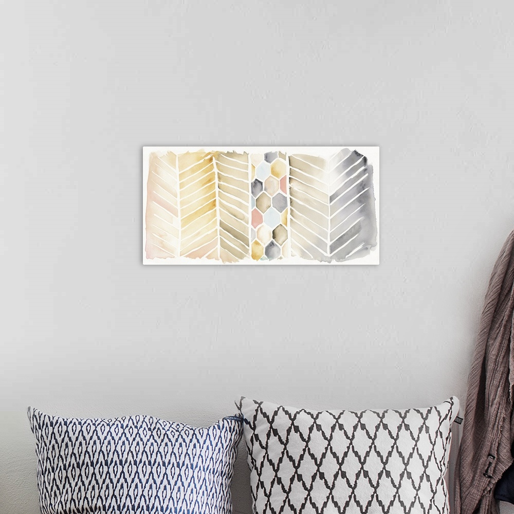 A bohemian room featuring Contemporary watercolor painting using geometric shapes and warm tones.