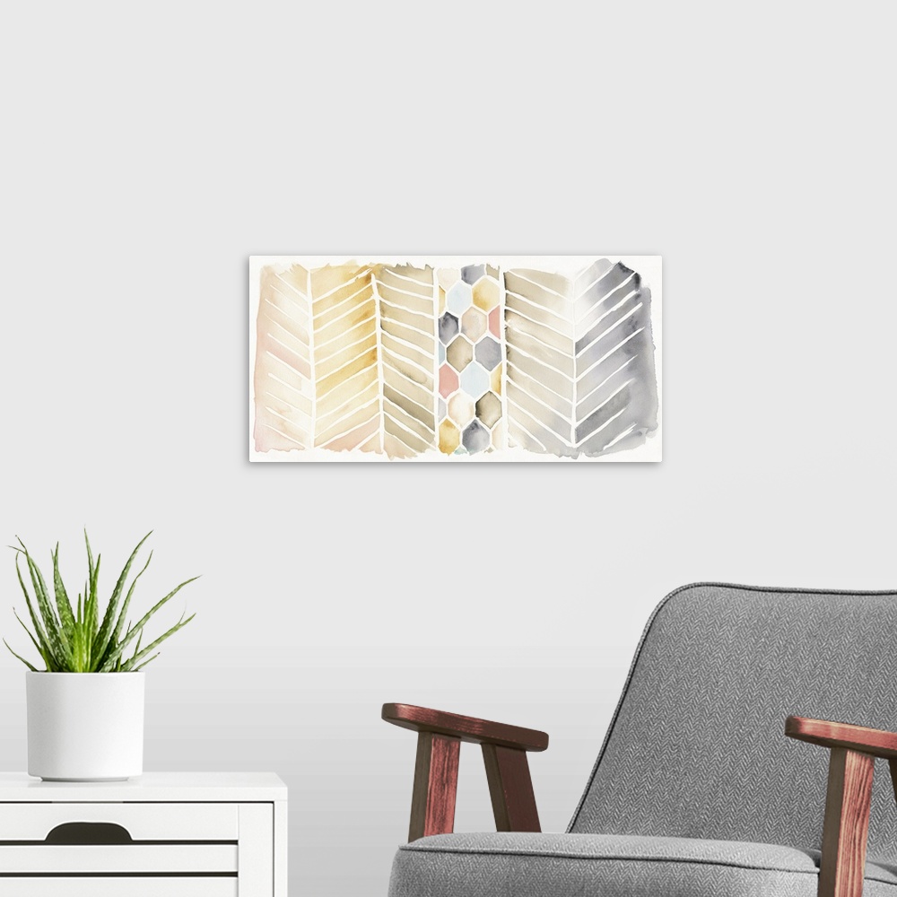A modern room featuring Contemporary watercolor painting using geometric shapes and warm tones.