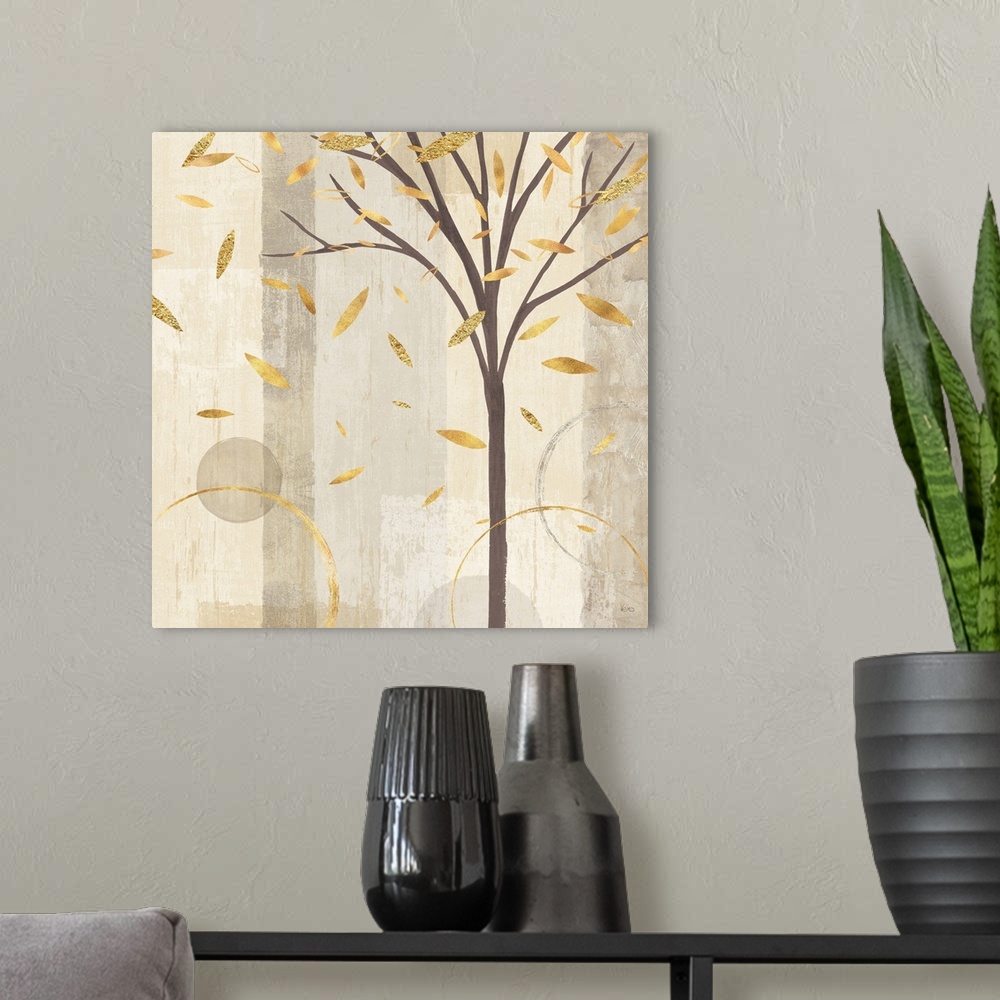 A modern room featuring Watercolor painting of a tree shedding metallic gold leaves on a background made with different s...