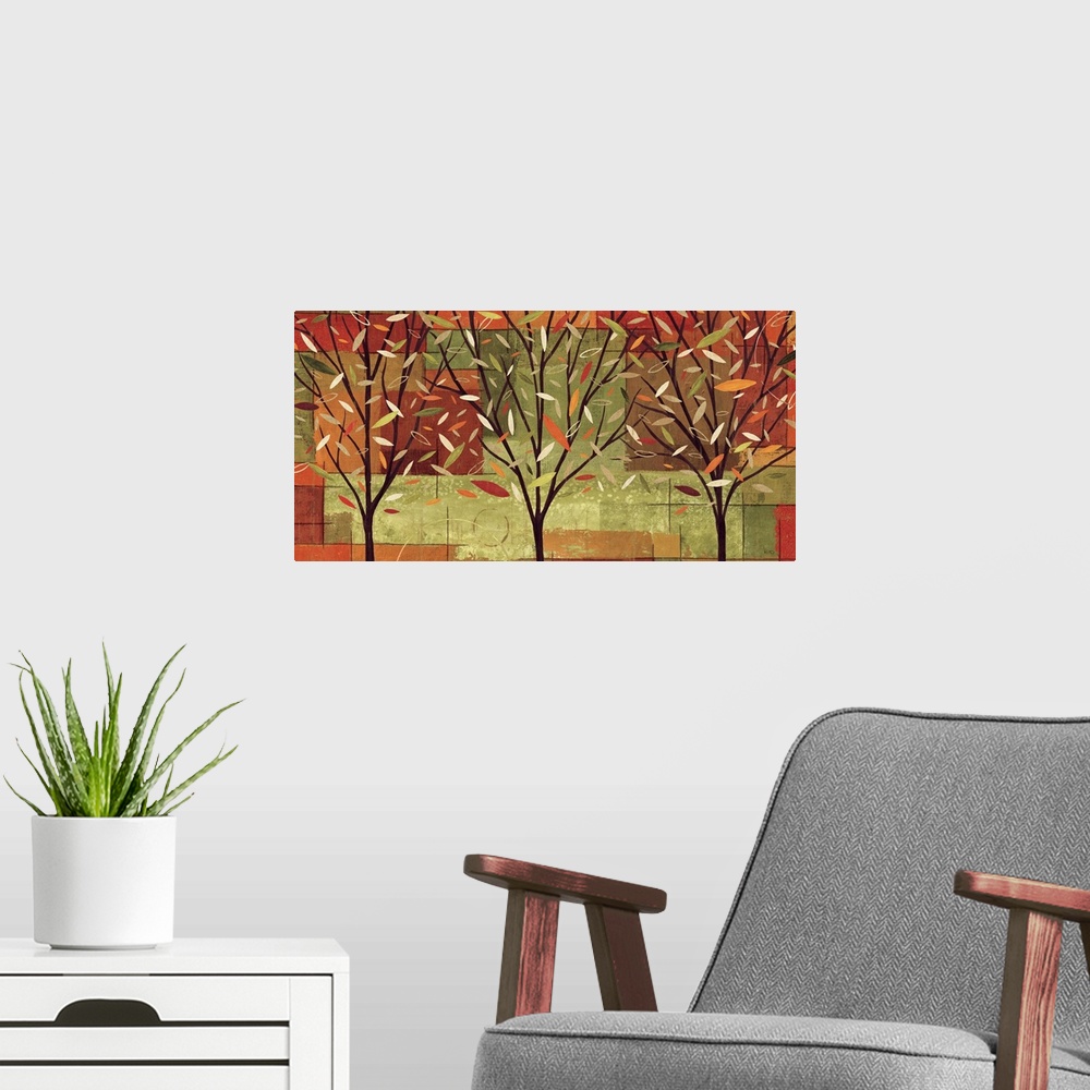 A modern room featuring Landscape, big home art docor of three side by side, contemporary trees with scattered, falling, ...