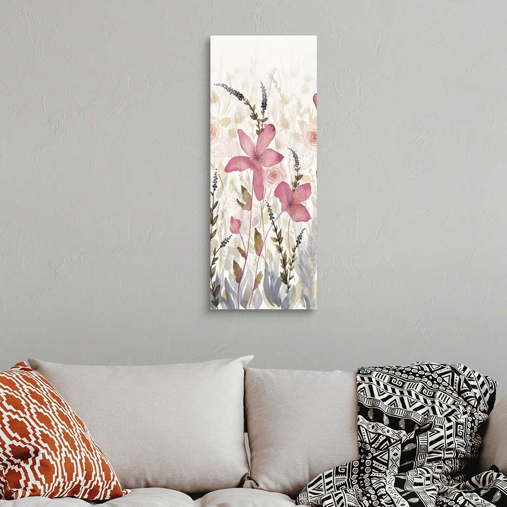 A bohemian room featuring Long vertical watercolor painting of pink flowers in a garden with faded flower details in the ba...