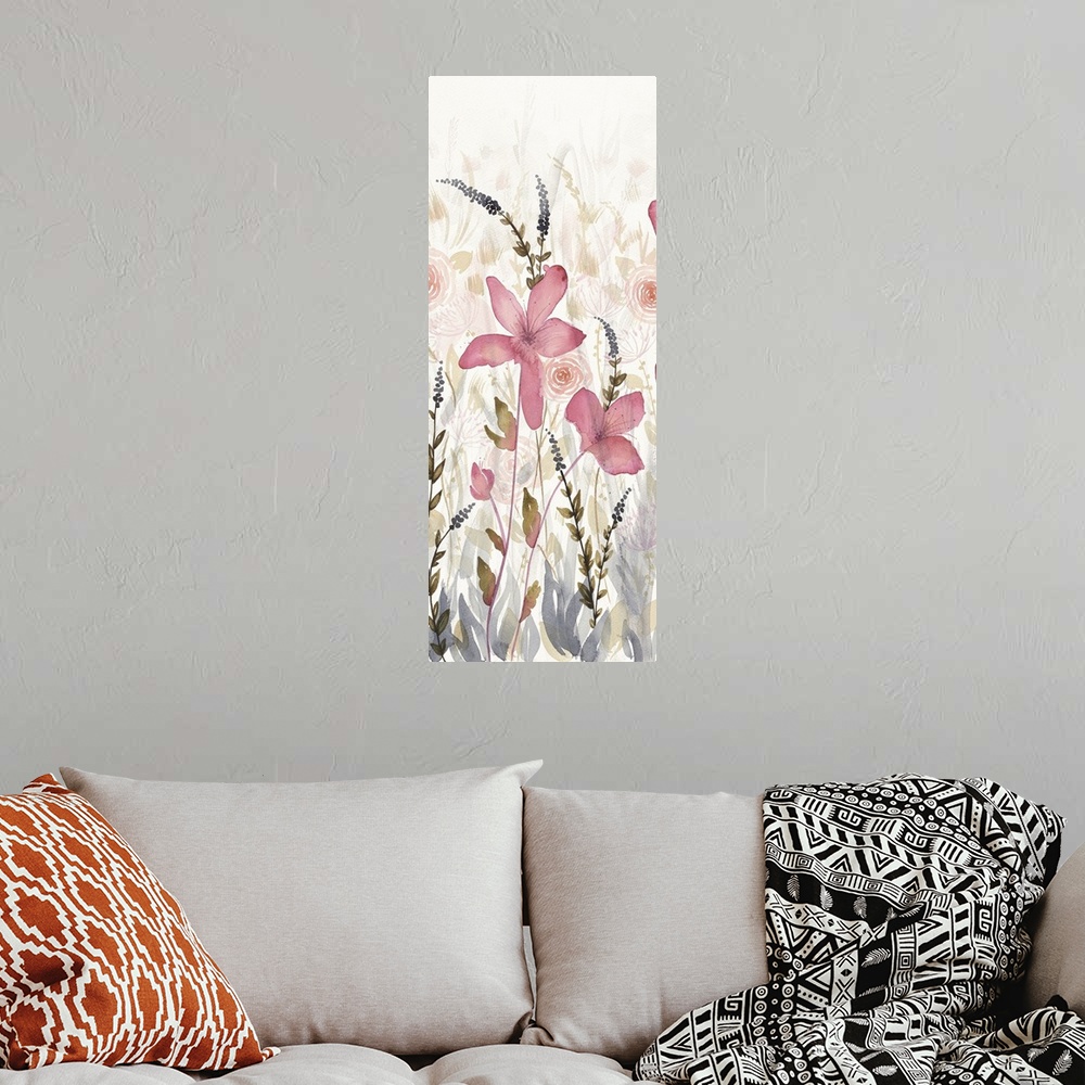 A bohemian room featuring Long vertical watercolor painting of pink flowers in a garden with faded flower details in the ba...
