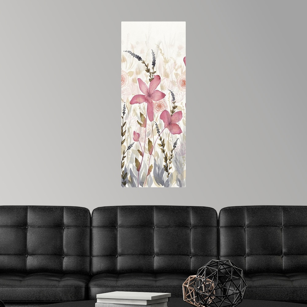 A modern room featuring Long vertical watercolor painting of pink flowers in a garden with faded flower details in the ba...