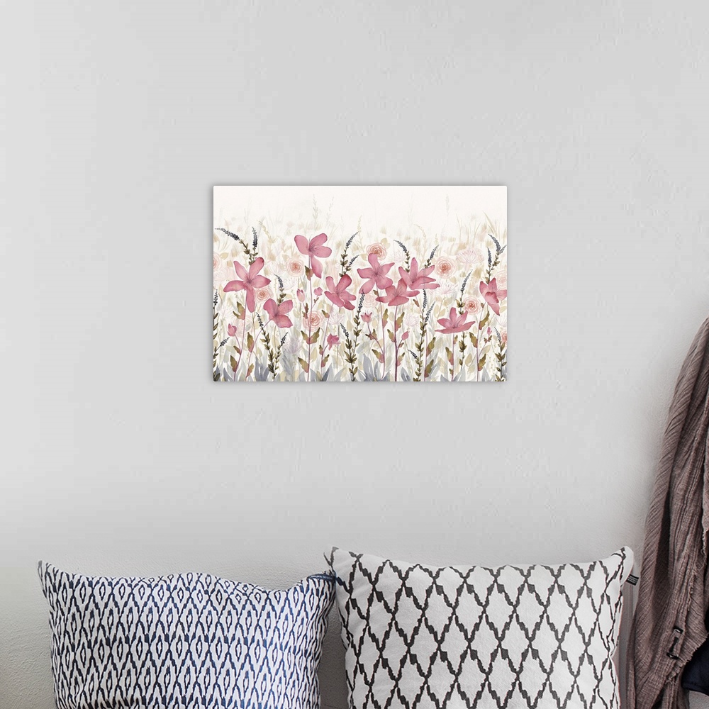 A bohemian room featuring Large horizontal watercolor of a field of pink flowers which faded into the background.