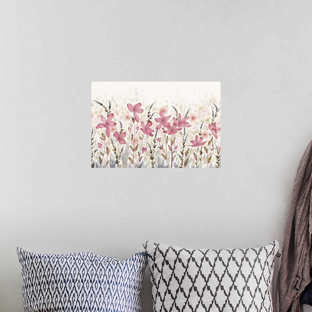 A bohemian room featuring Large horizontal watercolor of a field of pink flowers which faded into the background.