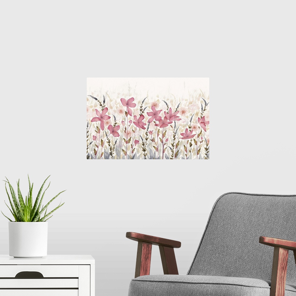 A modern room featuring Large horizontal watercolor of a field of pink flowers which faded into the background.