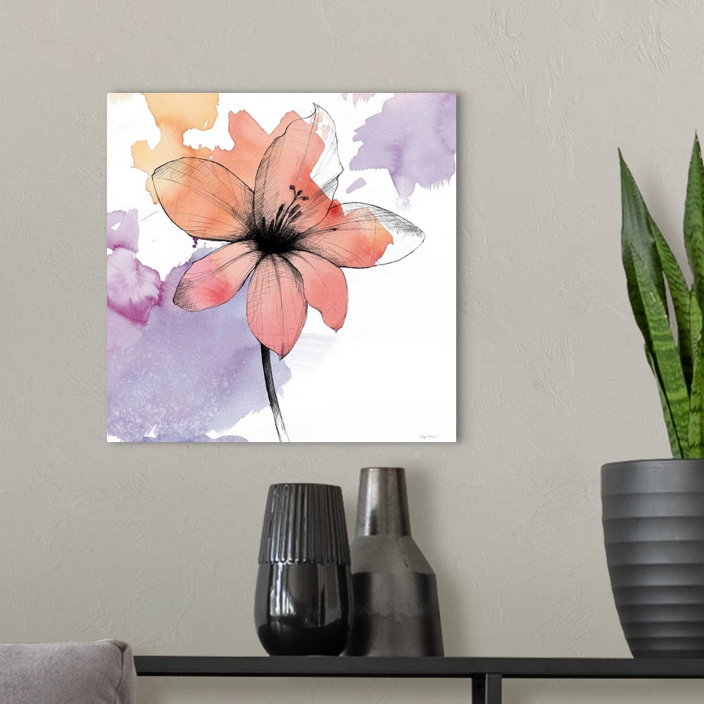 A modern room featuring A square watercolor painting of a orange lily with black sketched lines.