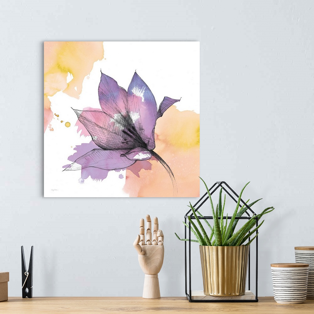 A bohemian room featuring A square watercolor painting of a purple lily with black sketched lines.