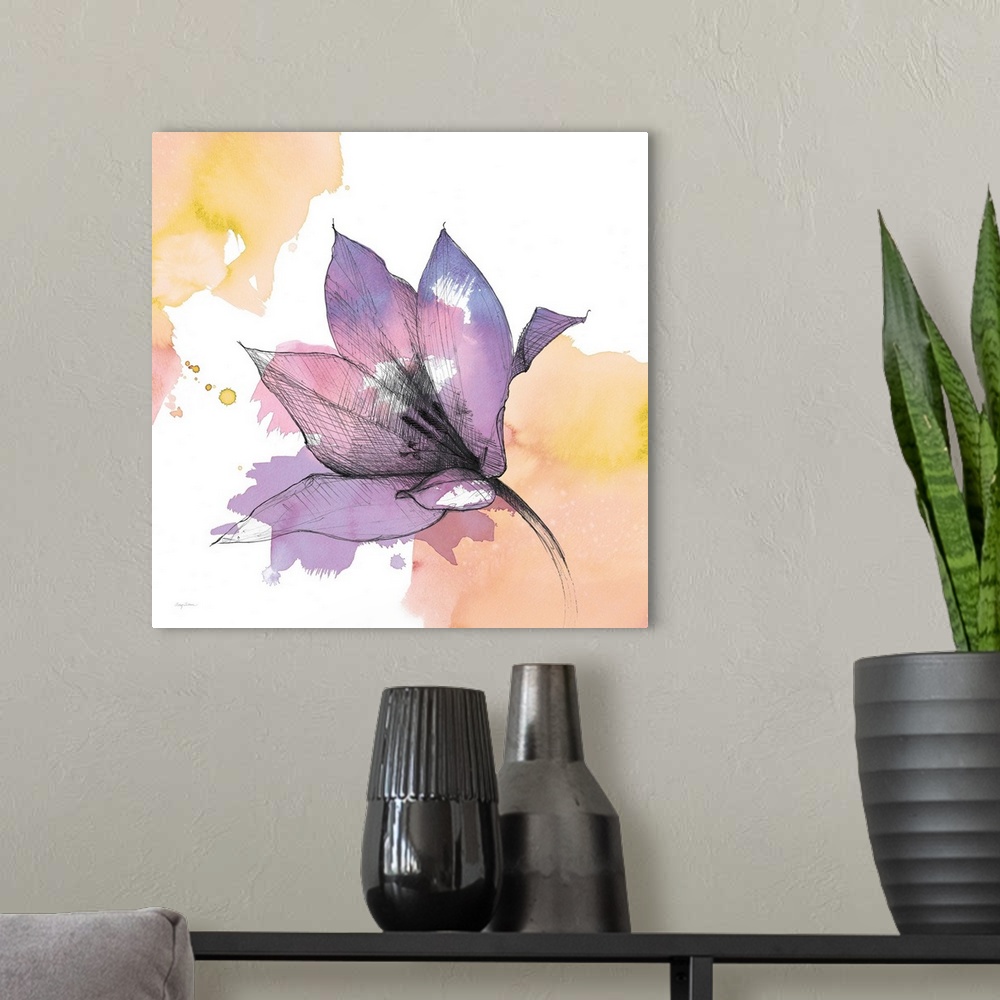 A modern room featuring A square watercolor painting of a purple lily with black sketched lines.