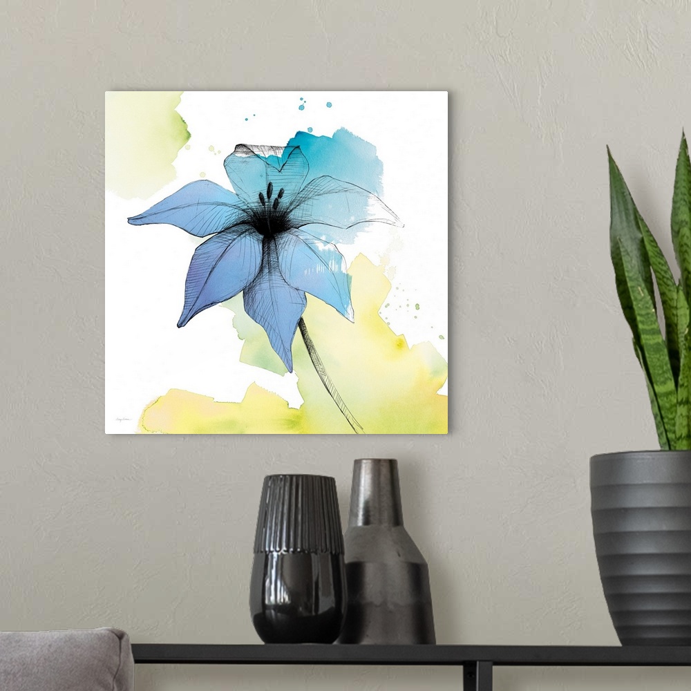 A modern room featuring A square watercolor painting of a blue lily with black sketched lines.