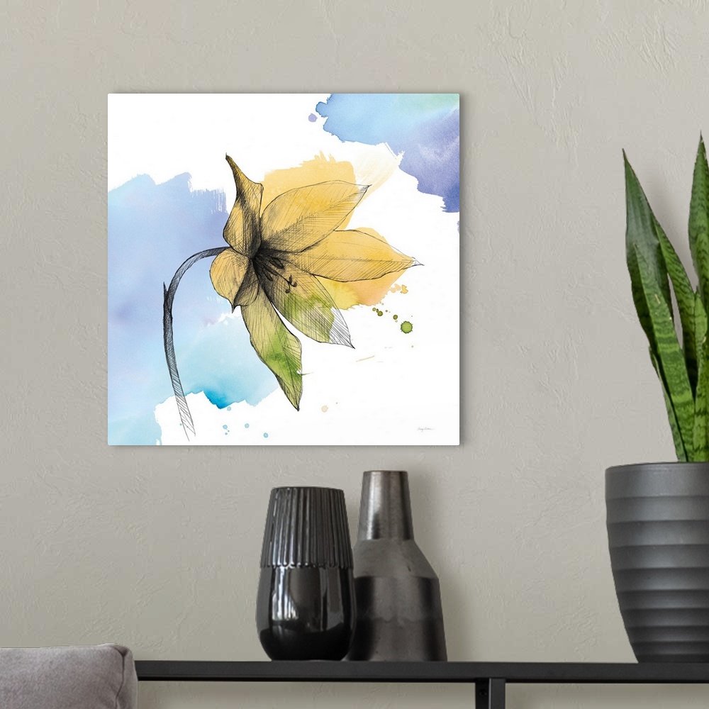 A modern room featuring A square watercolor painting of a yellow lily with black sketched lines.