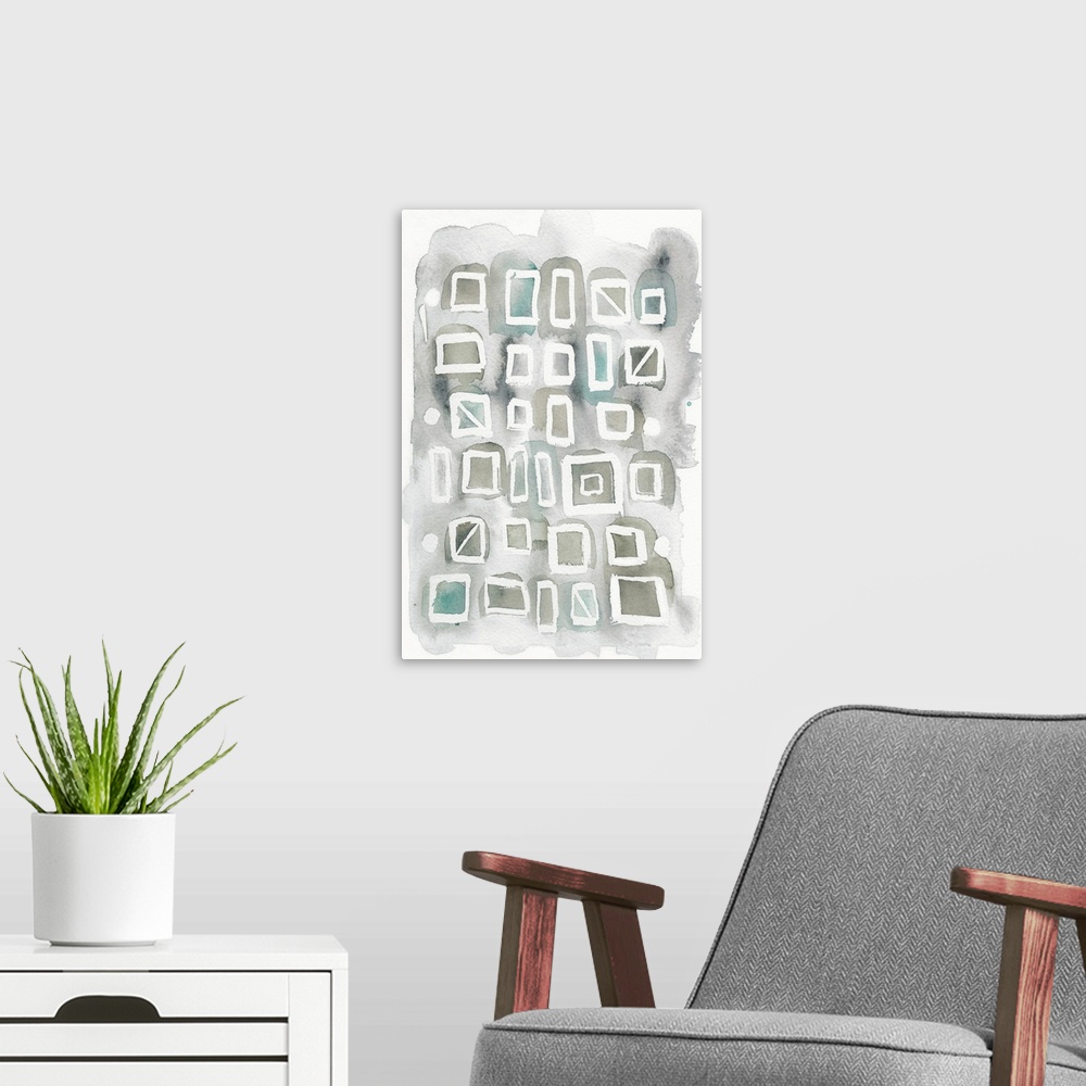 A modern room featuring Contemporary watercolor painting using geometric shapes and gray tones.