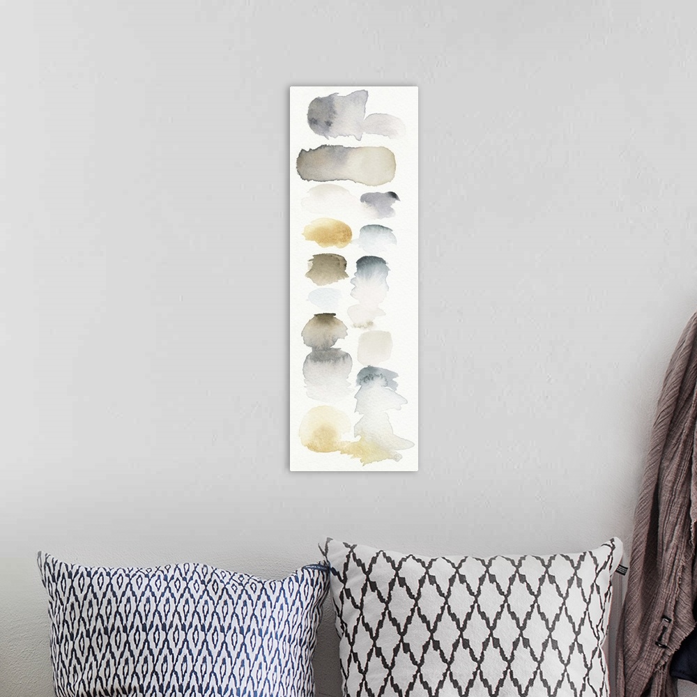 A bohemian room featuring Contemporary watercolor abstract painting using pale gray and brown tones.