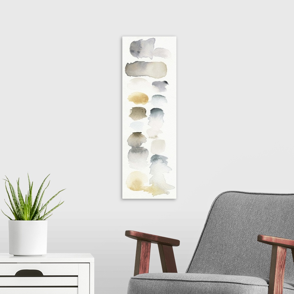 A modern room featuring Contemporary watercolor abstract painting using pale gray and brown tones.