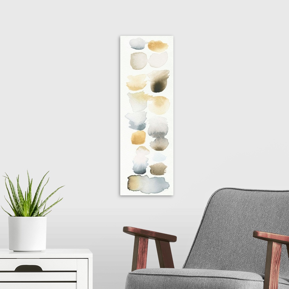 A modern room featuring Contemporary watercolor abstract painting using pale gray and brown tones.