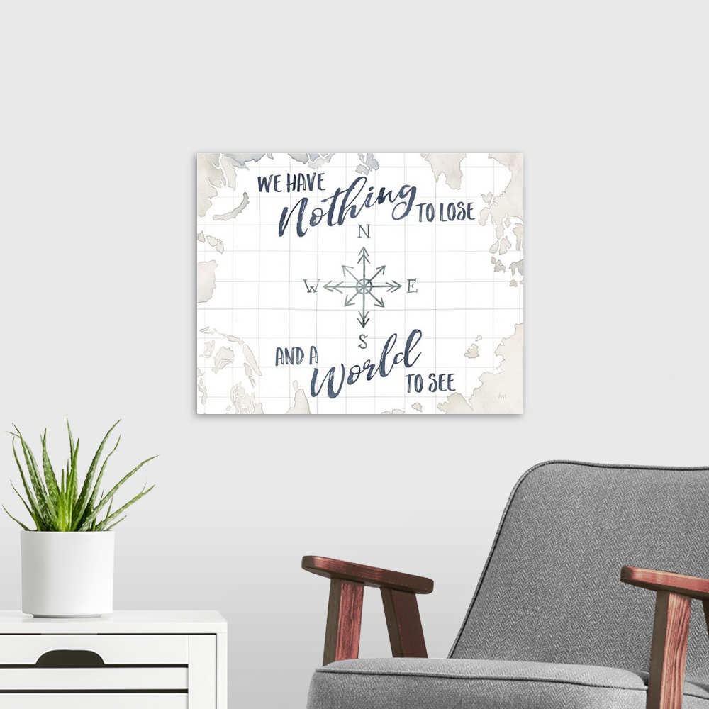 A modern room featuring Watercolor Wanderlust Adventure IV A World to See