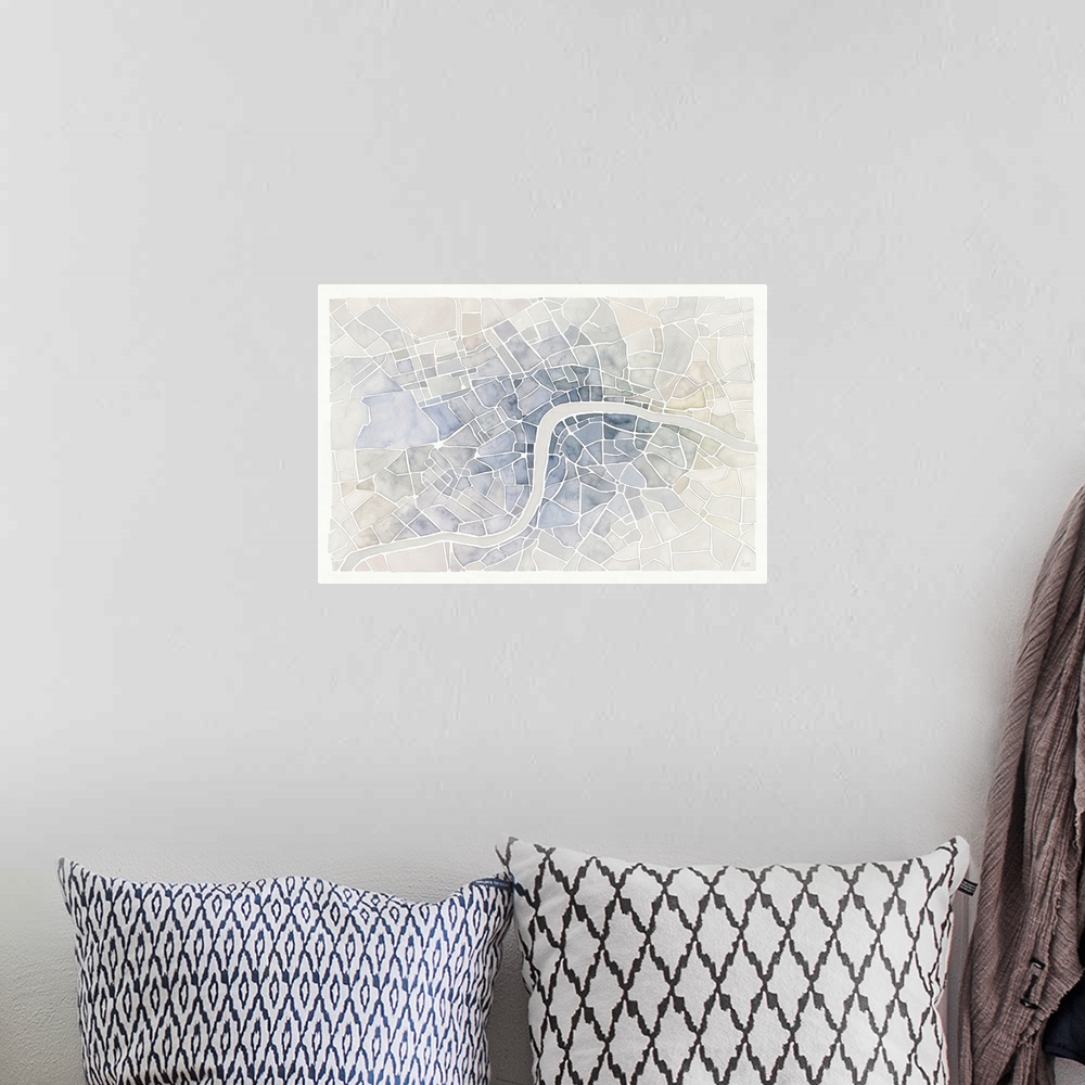A bohemian room featuring A muted watercolor painting of an aerial view of the Thames river through the city of London.