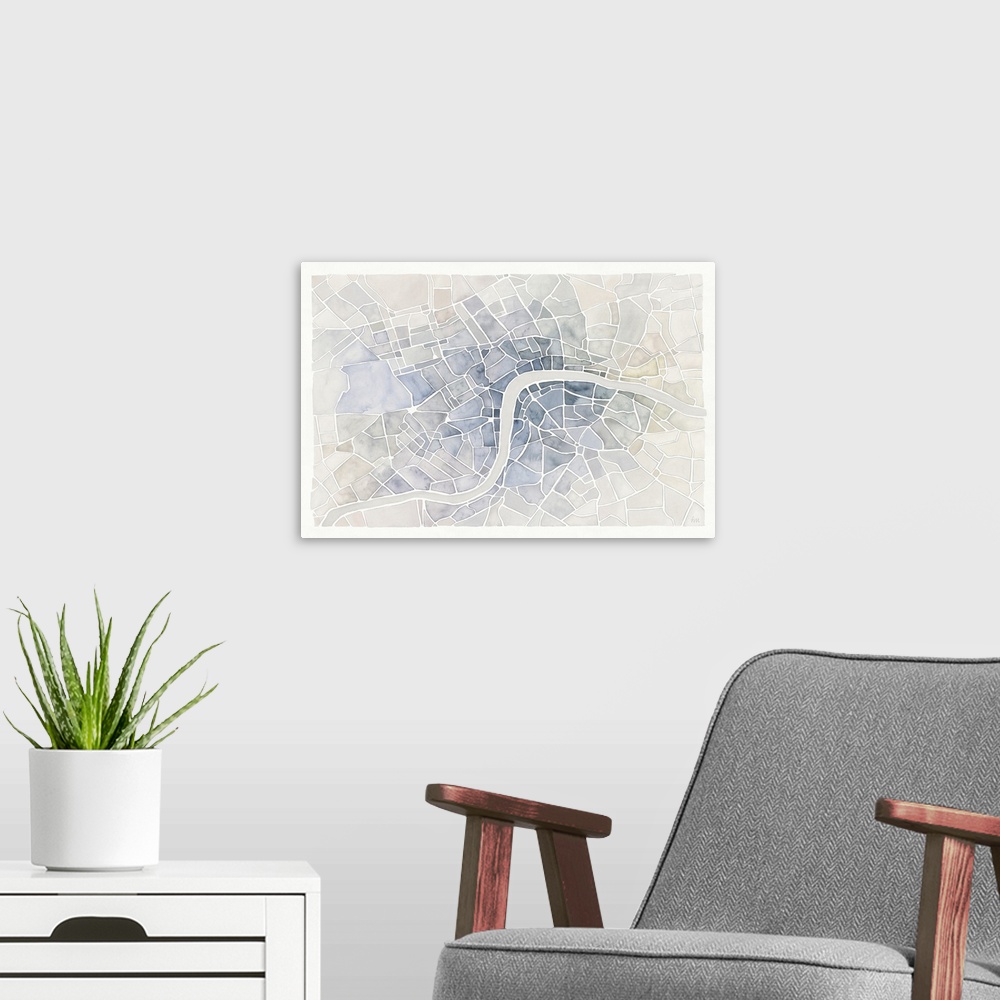 A modern room featuring A muted watercolor painting of an aerial view of the Thames river through the city of London.