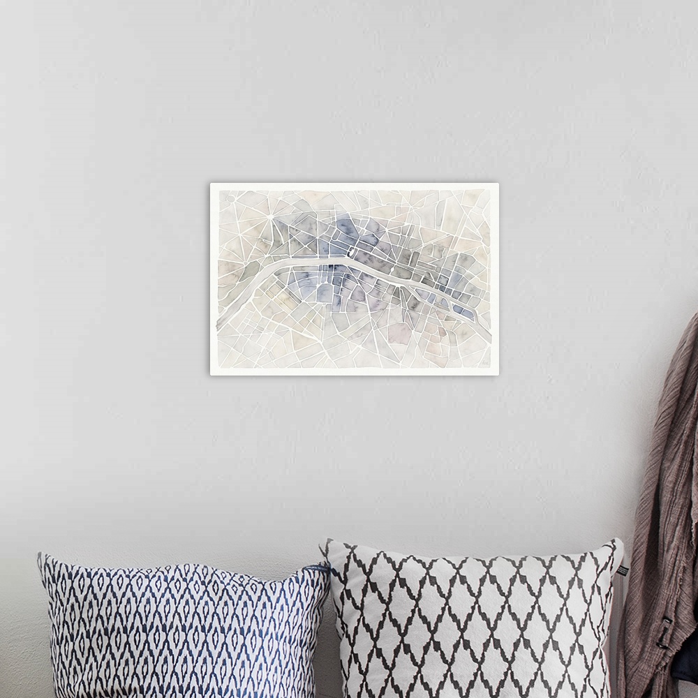 A bohemian room featuring A muted watercolor painting of an aerial view of the Seine river through the city of Paris.