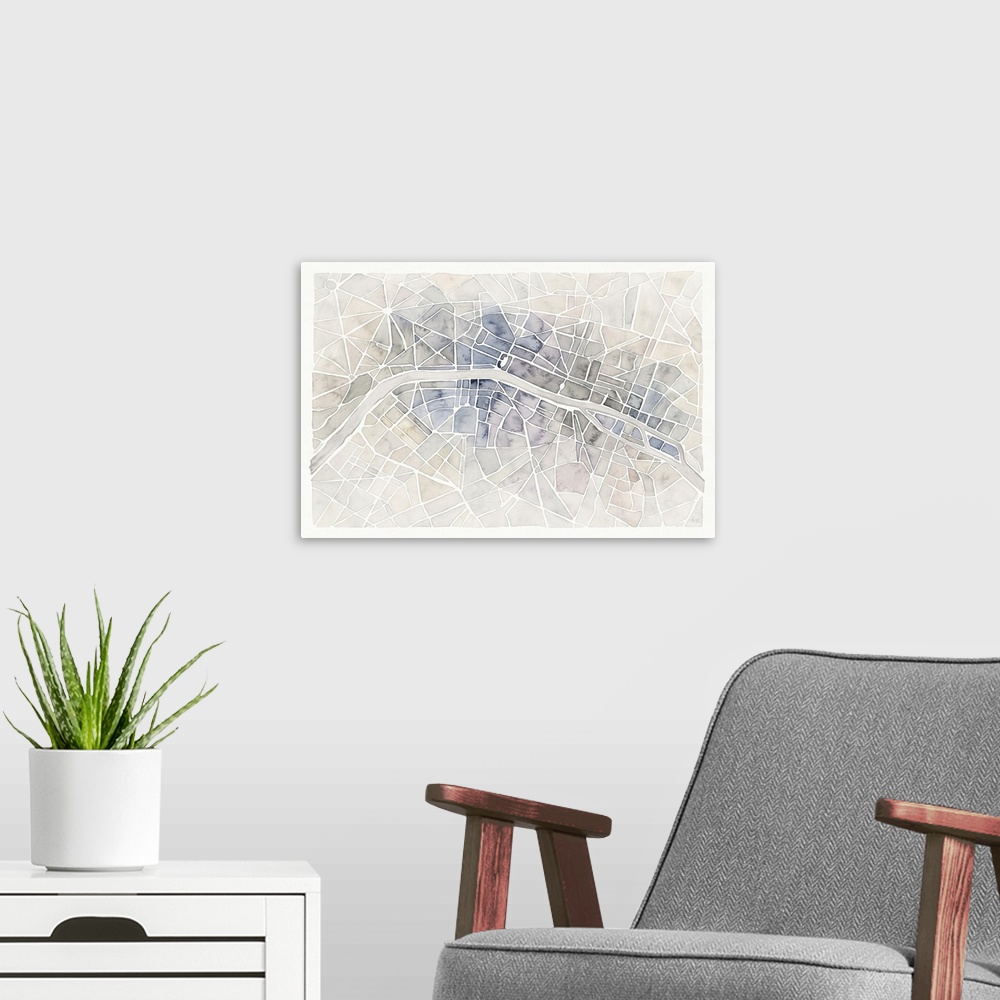 A modern room featuring A muted watercolor painting of an aerial view of the Seine river through the city of Paris.