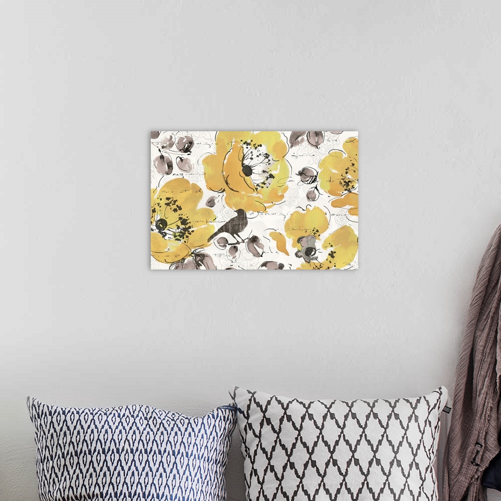 A bohemian room featuring Watercolor design of yellow flowers with grey leaves and birds.