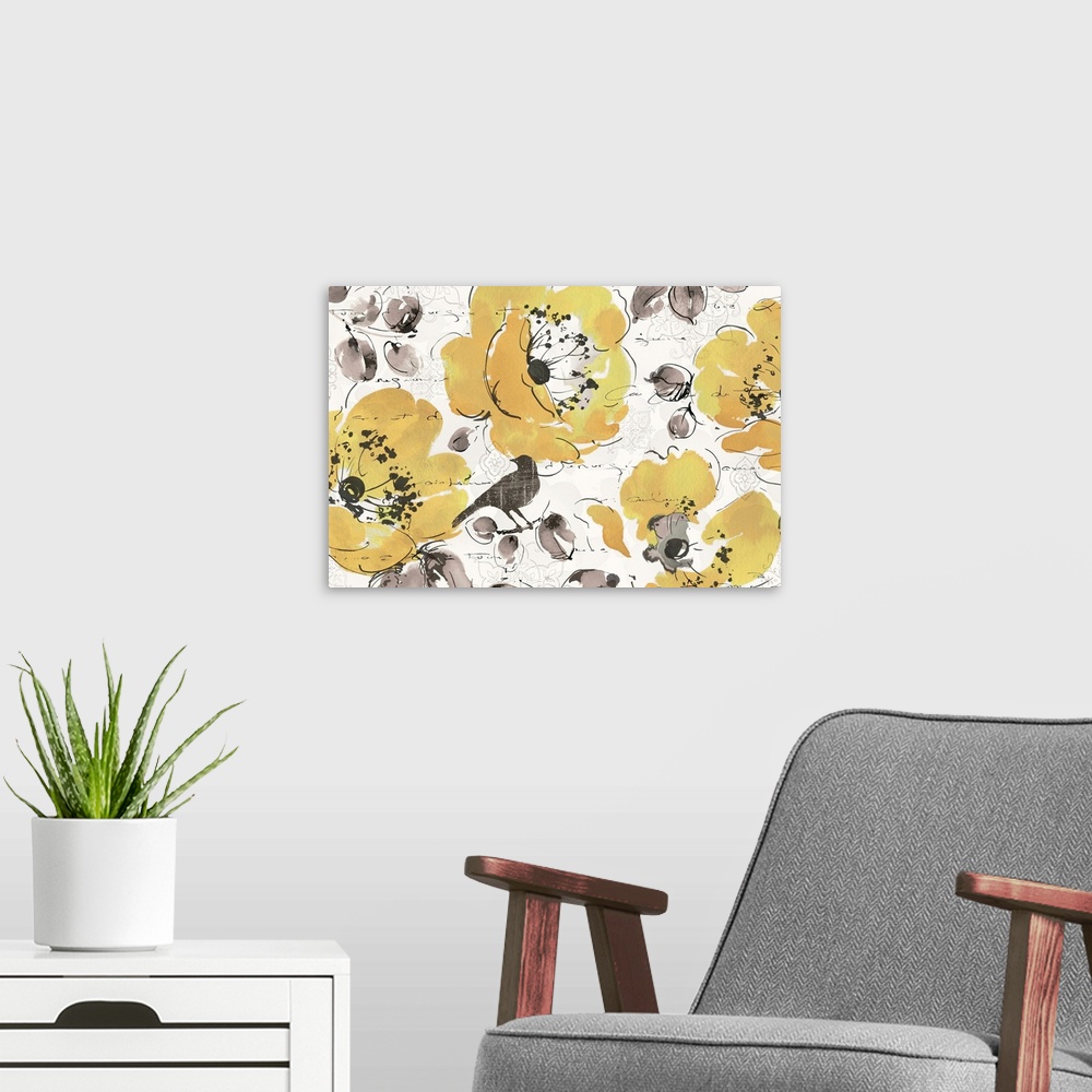 A modern room featuring Watercolor design of yellow flowers with grey leaves and birds.