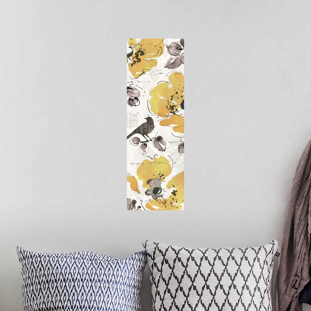 A bohemian room featuring Watercolor painting of yellow flowers with grey birds and leaves.