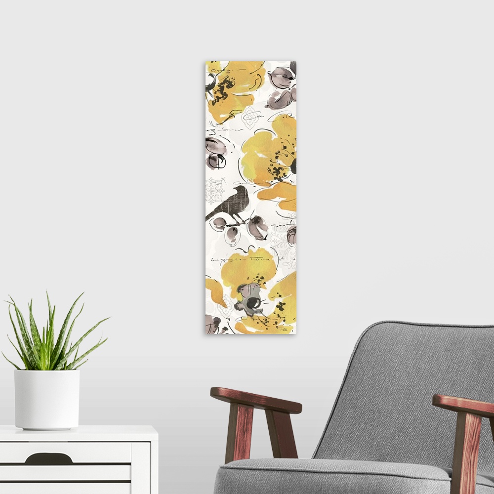 A modern room featuring Watercolor painting of yellow flowers with grey birds and leaves.