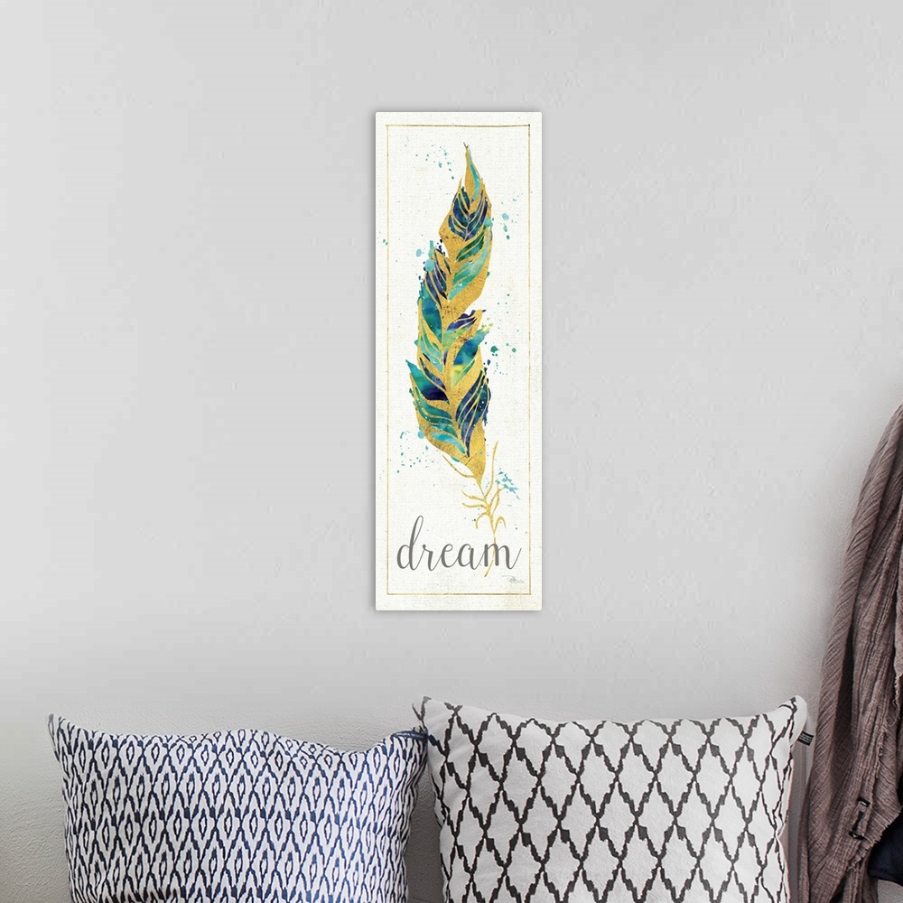 A bohemian room featuring Contemporary art of a colorful feather against a neutral background.