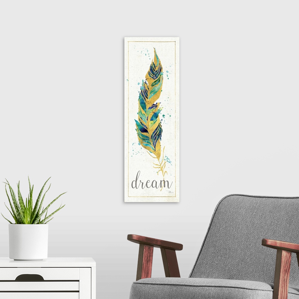 A modern room featuring Contemporary art of a colorful feather against a neutral background.