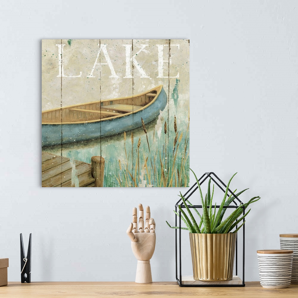 A bohemian room featuring Decorative artwork perfect for the home of a canoe sitting in the water next to a dock with the w...