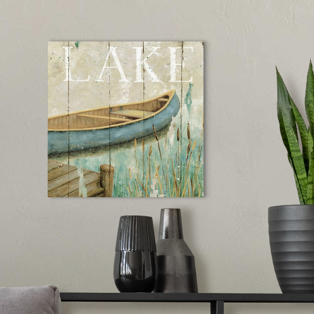 A modern room featuring Decorative artwork perfect for the home of a canoe sitting in the water next to a dock with the w...