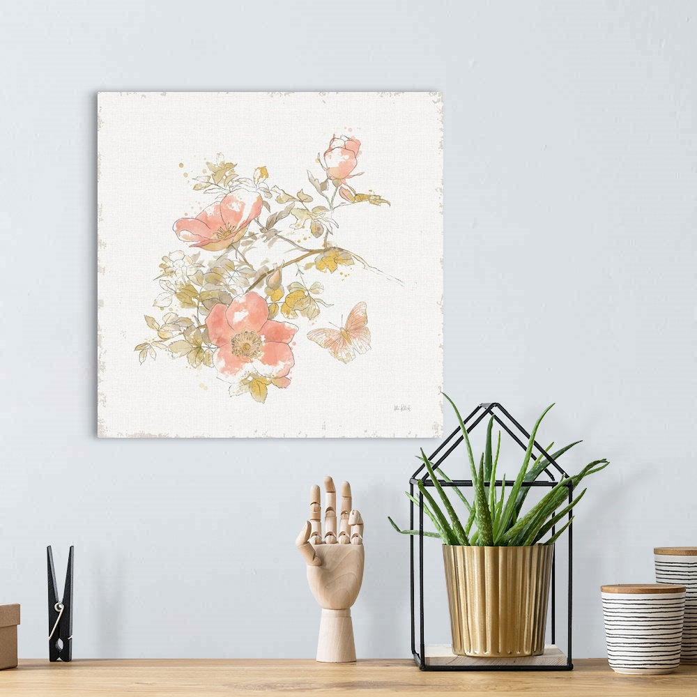 A bohemian room featuring Square contemporary painting of pink flowers in bloom with a butterfly flying nearby.