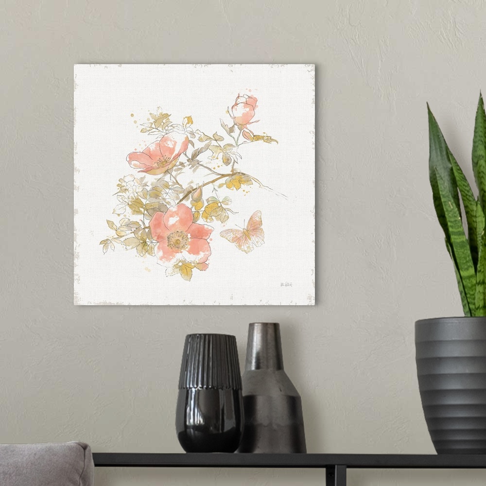 A modern room featuring Square contemporary painting of pink flowers in bloom with a butterfly flying nearby.