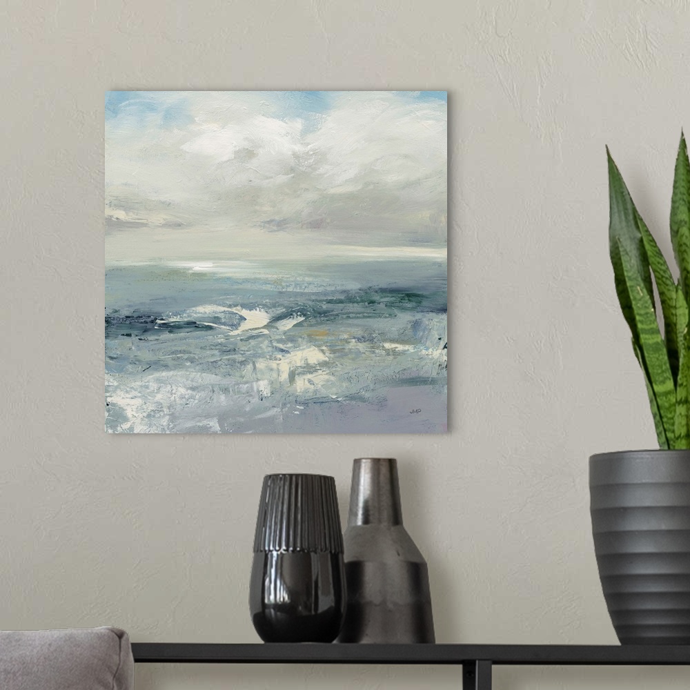 A modern room featuring Abstract landscape of ocean waves with energetic brush strokes and turbulent blues.