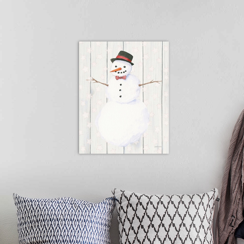 A bohemian room featuring An illustration of a snowman on a white wood panel background with stars.