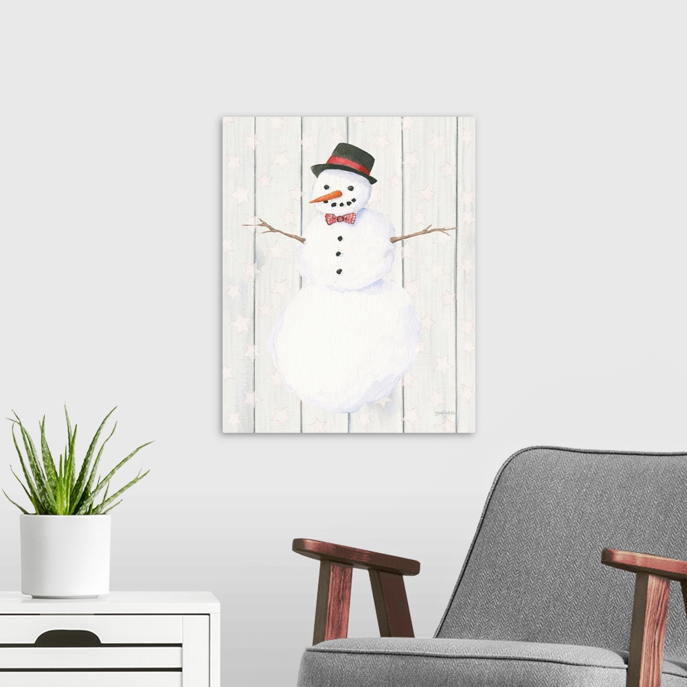 A modern room featuring An illustration of a snowman on a white wood panel background with stars.