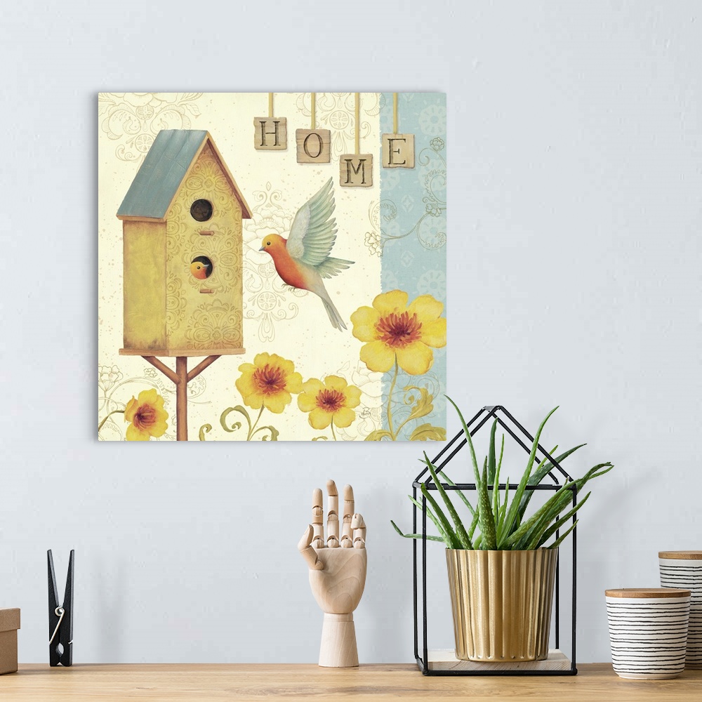 A bohemian room featuring Two songbirds with a bird house and yellow flowers underneath.