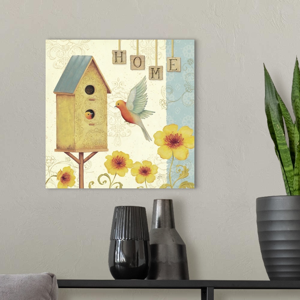 A modern room featuring Two songbirds with a bird house and yellow flowers underneath.