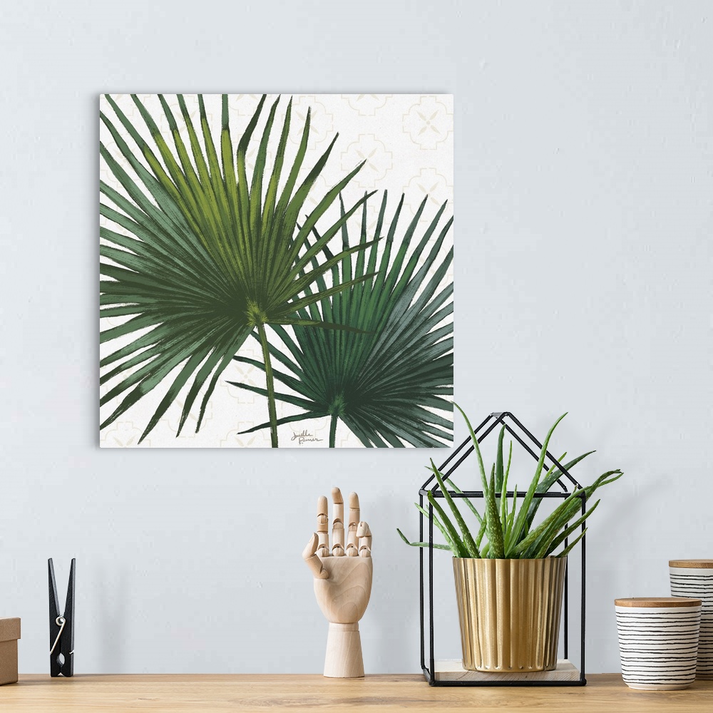 A bohemian room featuring Square art of green palm leaves on a white background with a faint beige pattern.