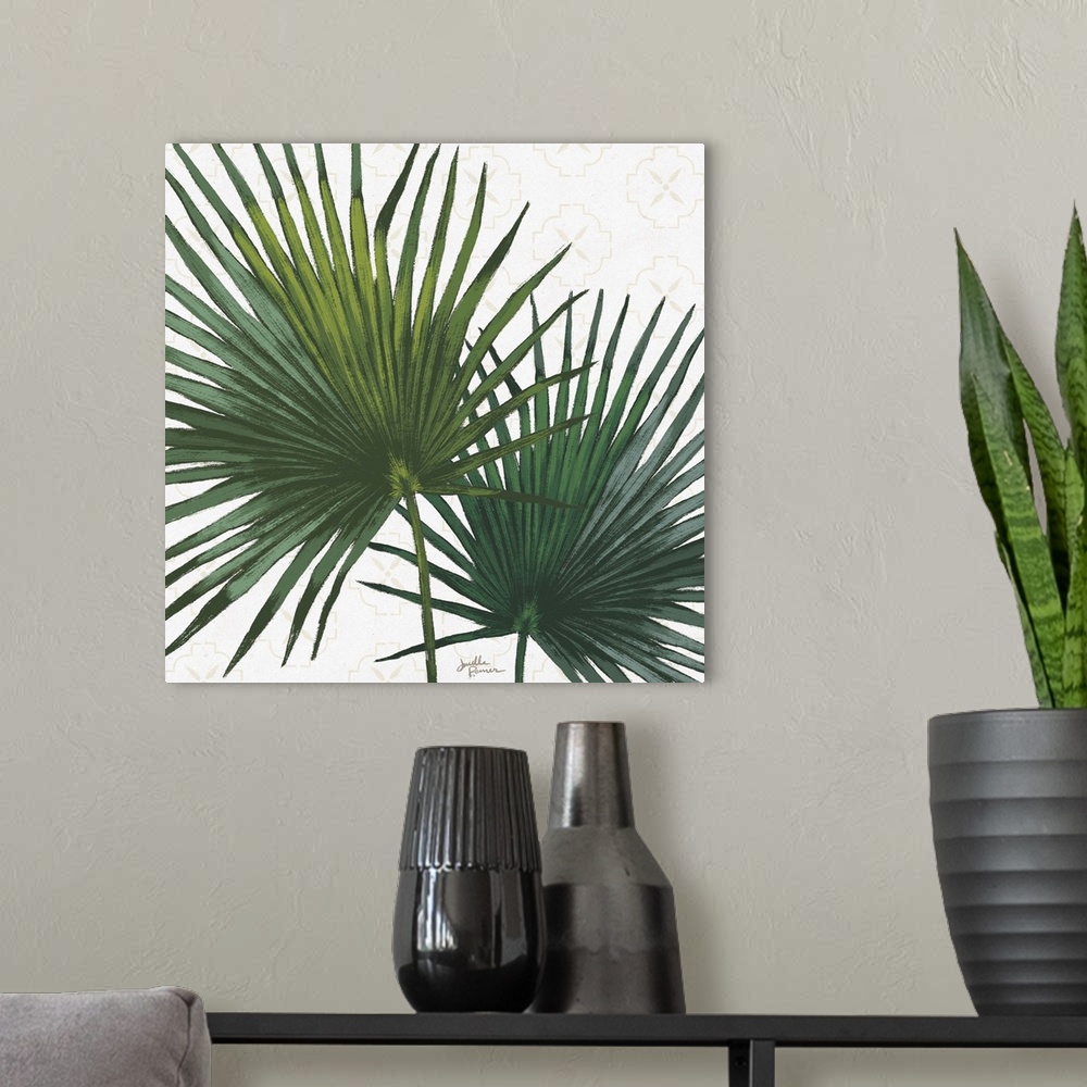 A modern room featuring Square art of green palm leaves on a white background with a faint beige pattern.