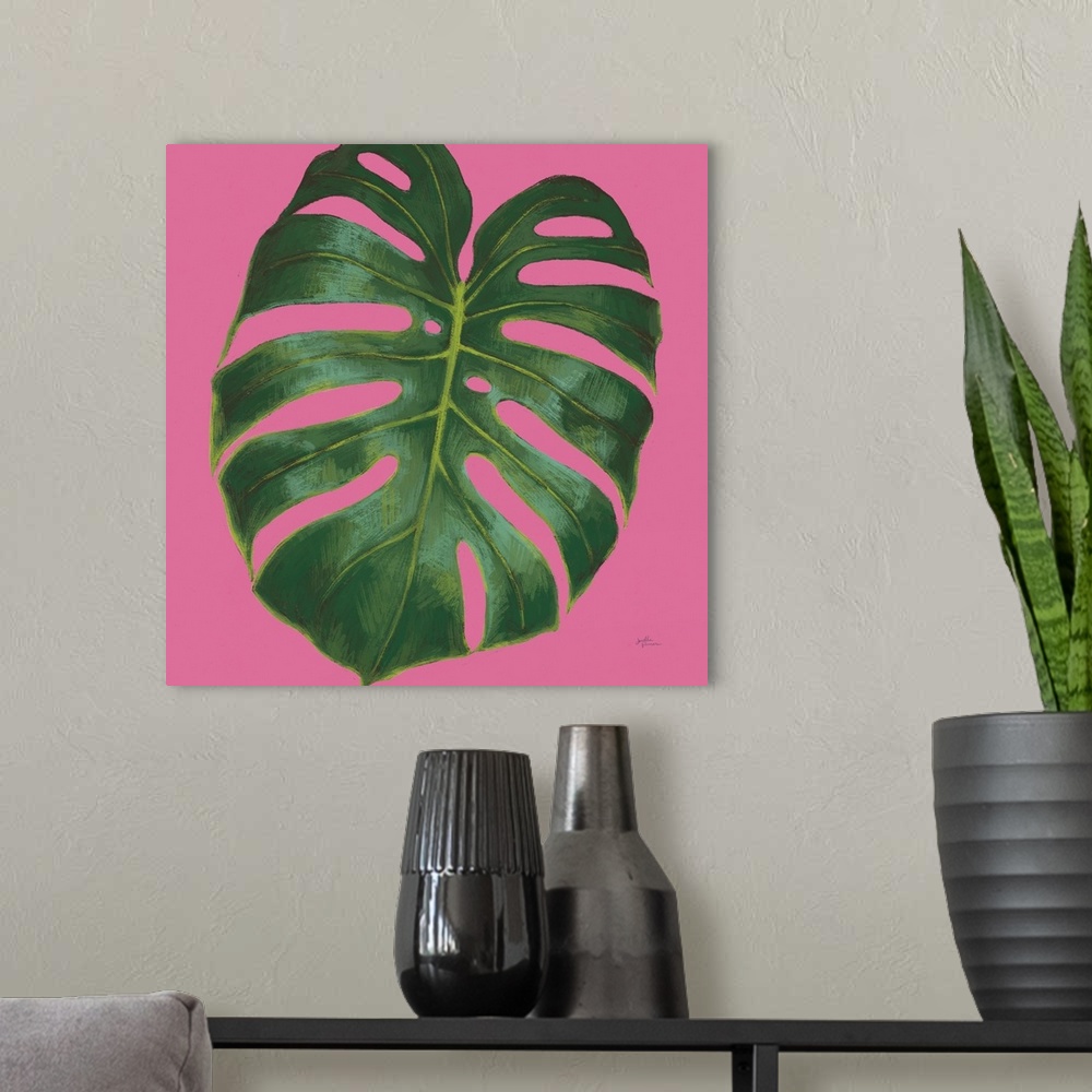 A modern room featuring Illustration of a palm leaf in shades of green with blue highlights on a bright pink, square back...