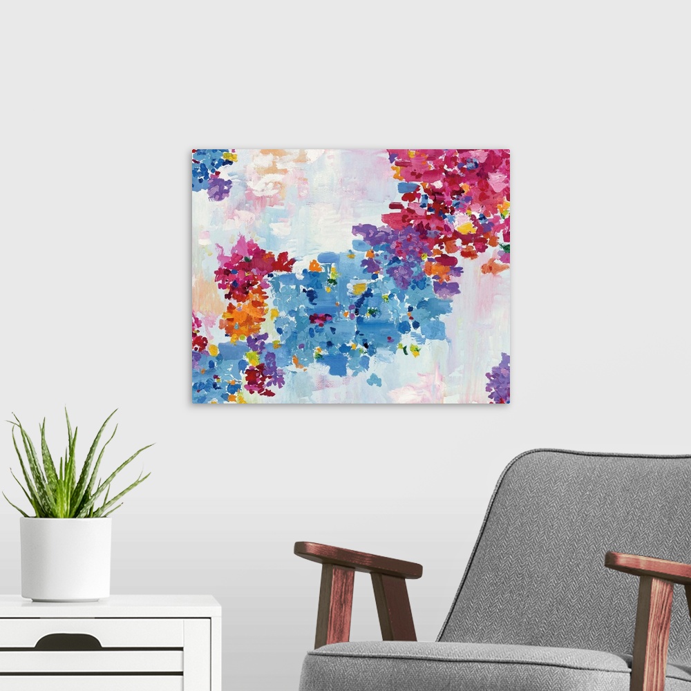 A modern room featuring Colorful painting of blue and pink flowers.
