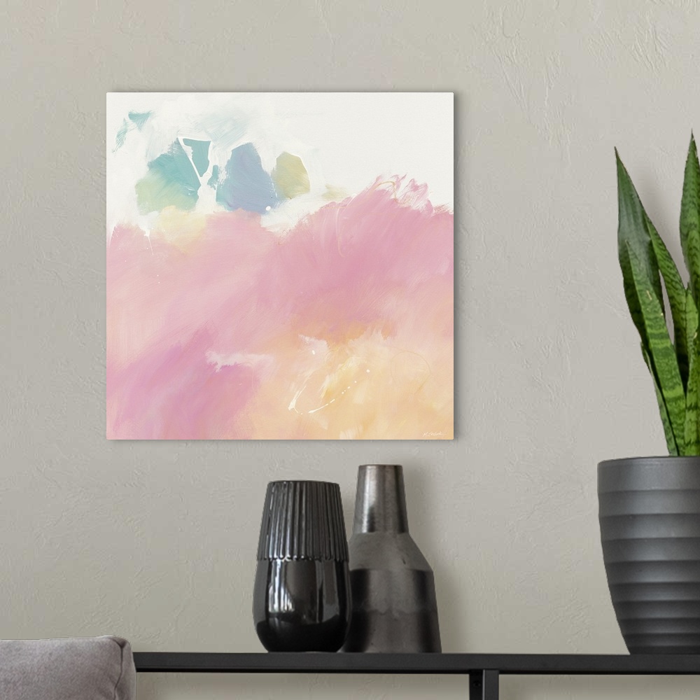 A modern room featuring Square abstract painting with soft pink, orange, blue, and green tones on a cream colored backgro...