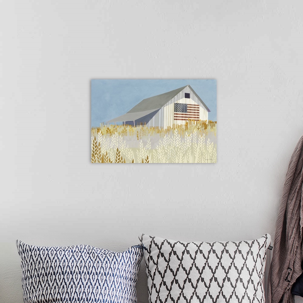 A bohemian room featuring Wheat Fields Barn With Flag