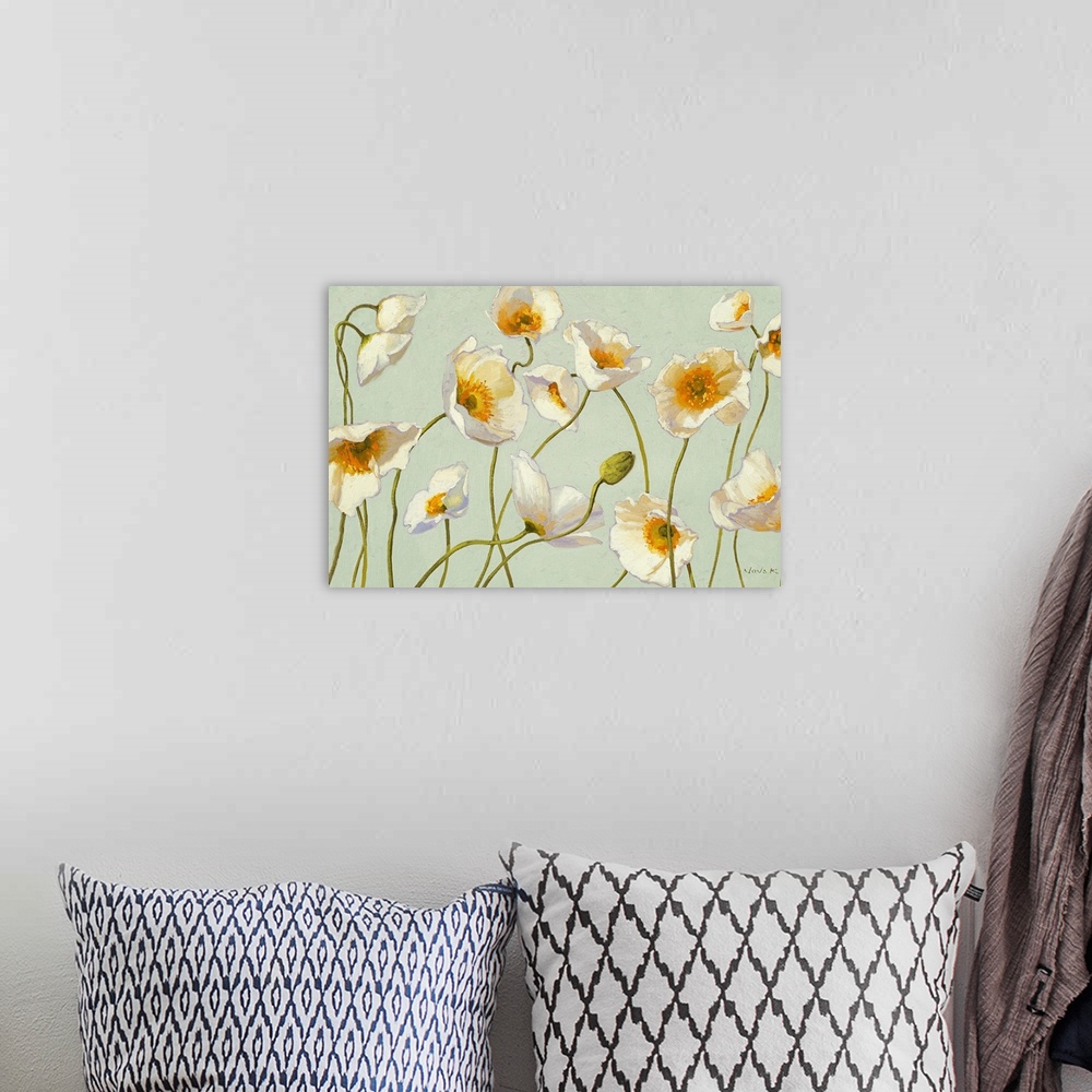 A bohemian room featuring Contemporary painting of a group of poppies on long thin stems, intertwined against a pale backgr...