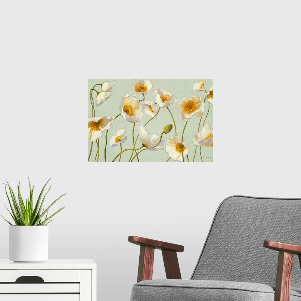 A modern room featuring Contemporary painting of a group of poppies on long thin stems, intertwined against a pale backgr...